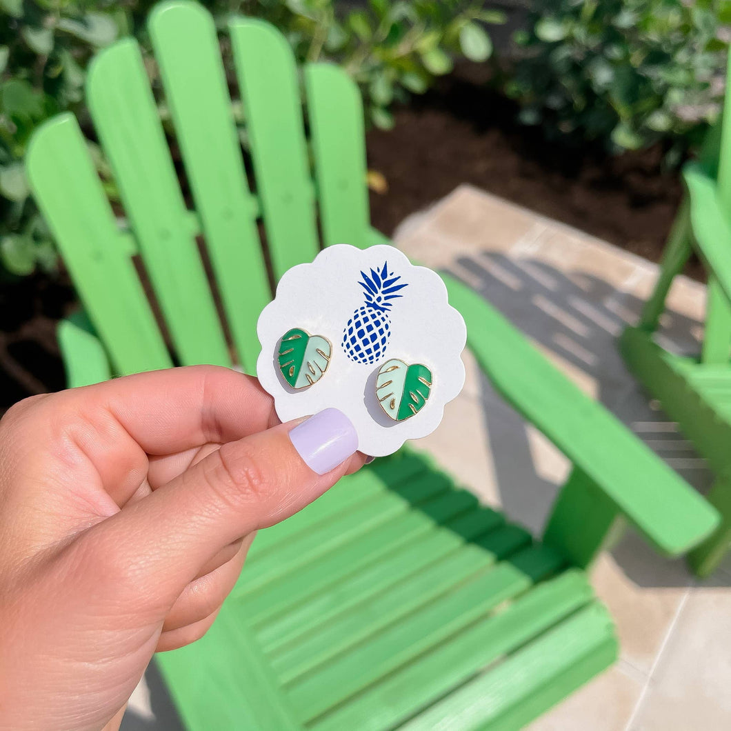 Tropical Palm Leaf Enamel Stud Earrings